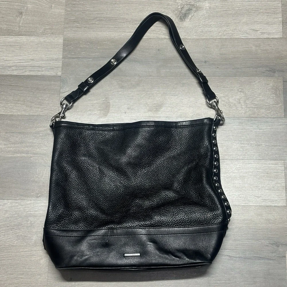 Rebecca Minkoff Blythe Black Leather Shoulder Bag Purse Studded Hobo Black